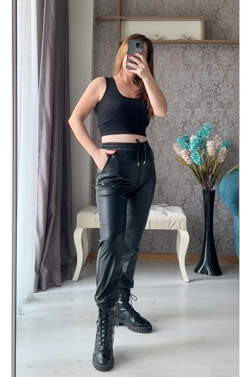 SİYAH JOGGER DERİ PANTOLON