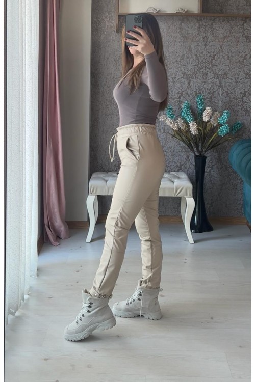 KREM RENGİ DERİ PANTOLON