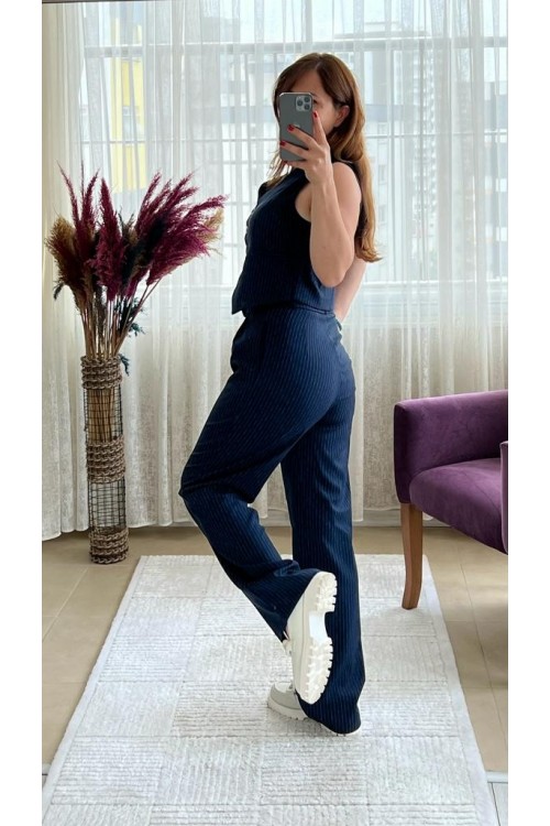 LACİVERT ÇİZGİLİ YELEK TAKIM