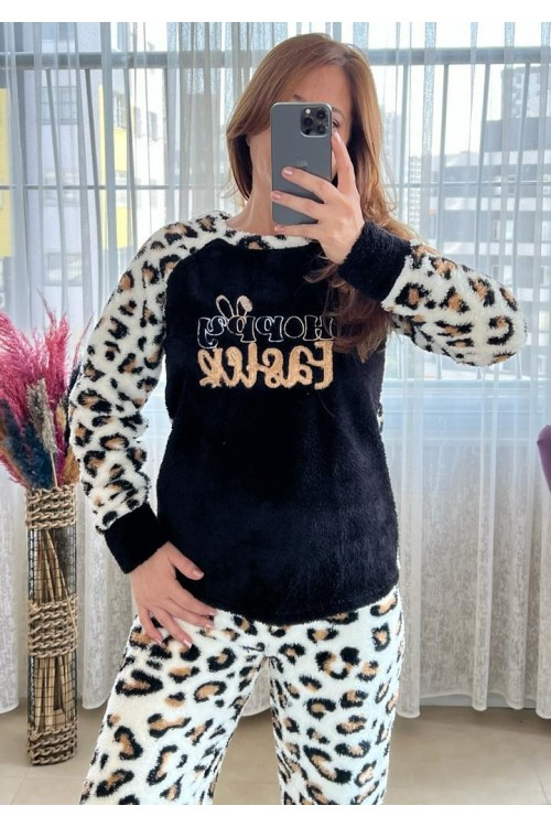 PELUŞ LEOPAR DESEN PİJAMA TAKIM