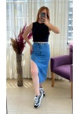 YANDAN KESİK MODELLİ MİDİ JEAN ETEK
