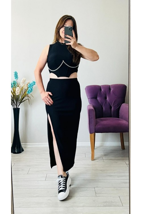 ZİNCİR DETAYLI SİYAH KORSE CROP