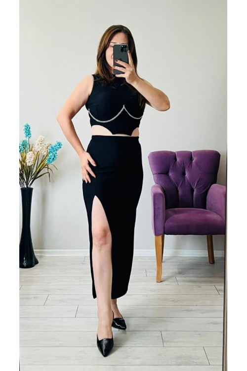 ZİNCİR DETAYLI SİYAH KORSE CROP
