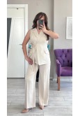 KUŞAKLI TAŞ RENGİ YELEK PANTOLON TAKIM