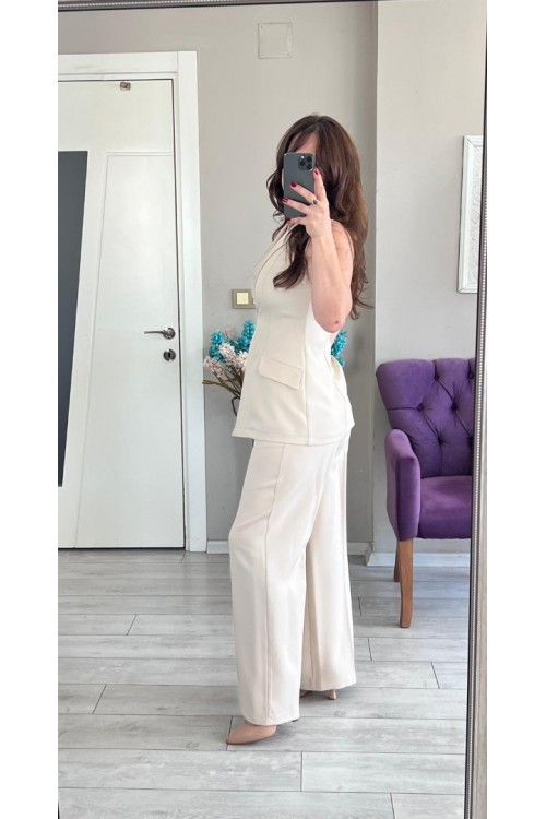 KUŞAKLI TAŞ RENGİ YELEK PANTOLON TAKIM