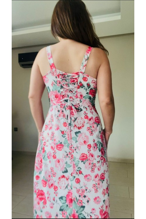 ÇİÇEK DESENLİ PEMBE ELBİSE