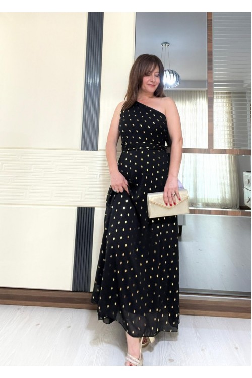 PUANTİYELİ SİYAH ŞİFON ELBİSE