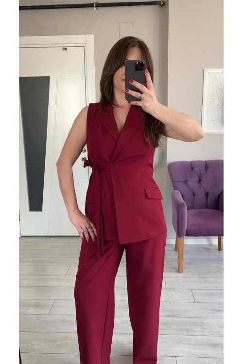 KUŞAKLI BORDO YELEK PANTOLON TAKIM
