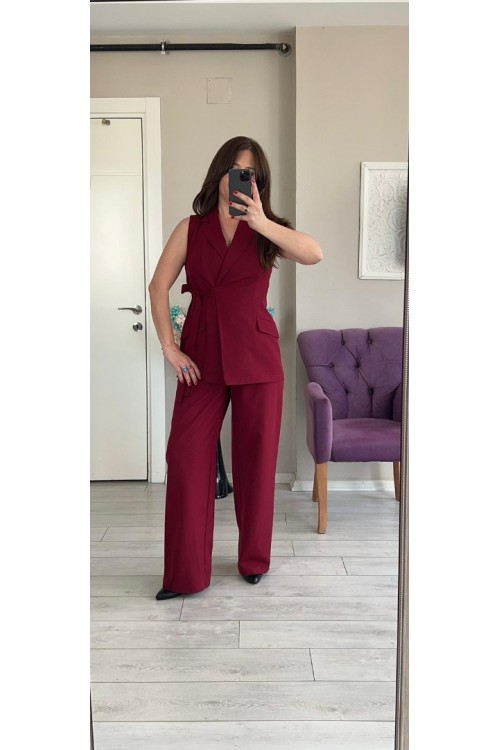 KUŞAKLI BORDO YELEK PANTOLON TAKIM